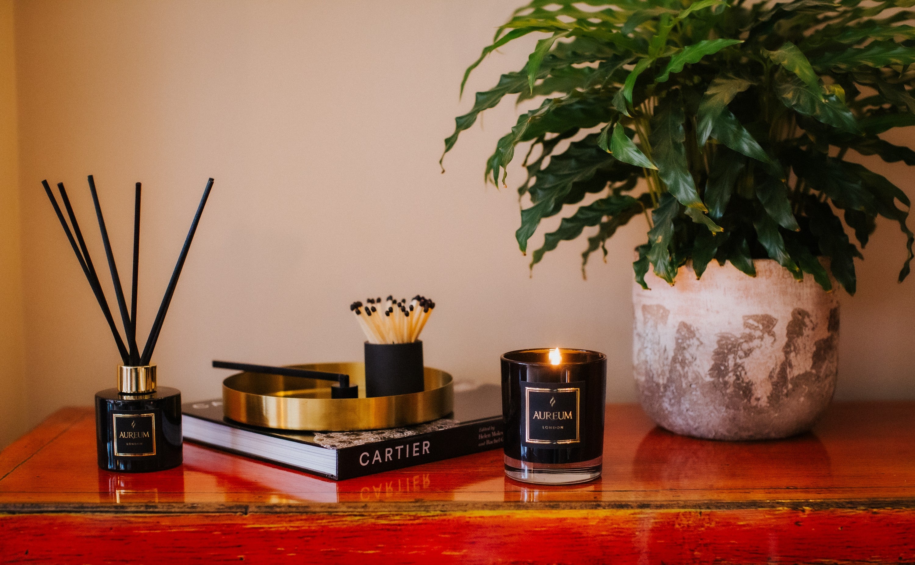 Candle, matches, diffuser, and plant on a wooden surface with a neutral background