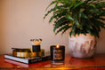 Load image into Gallery viewer, Candle, matches, and books on a surface with a plant in the background
